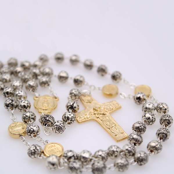6mm Silver/Gold Tone Rose Petal Bead Rosary with Pope Francis Cross