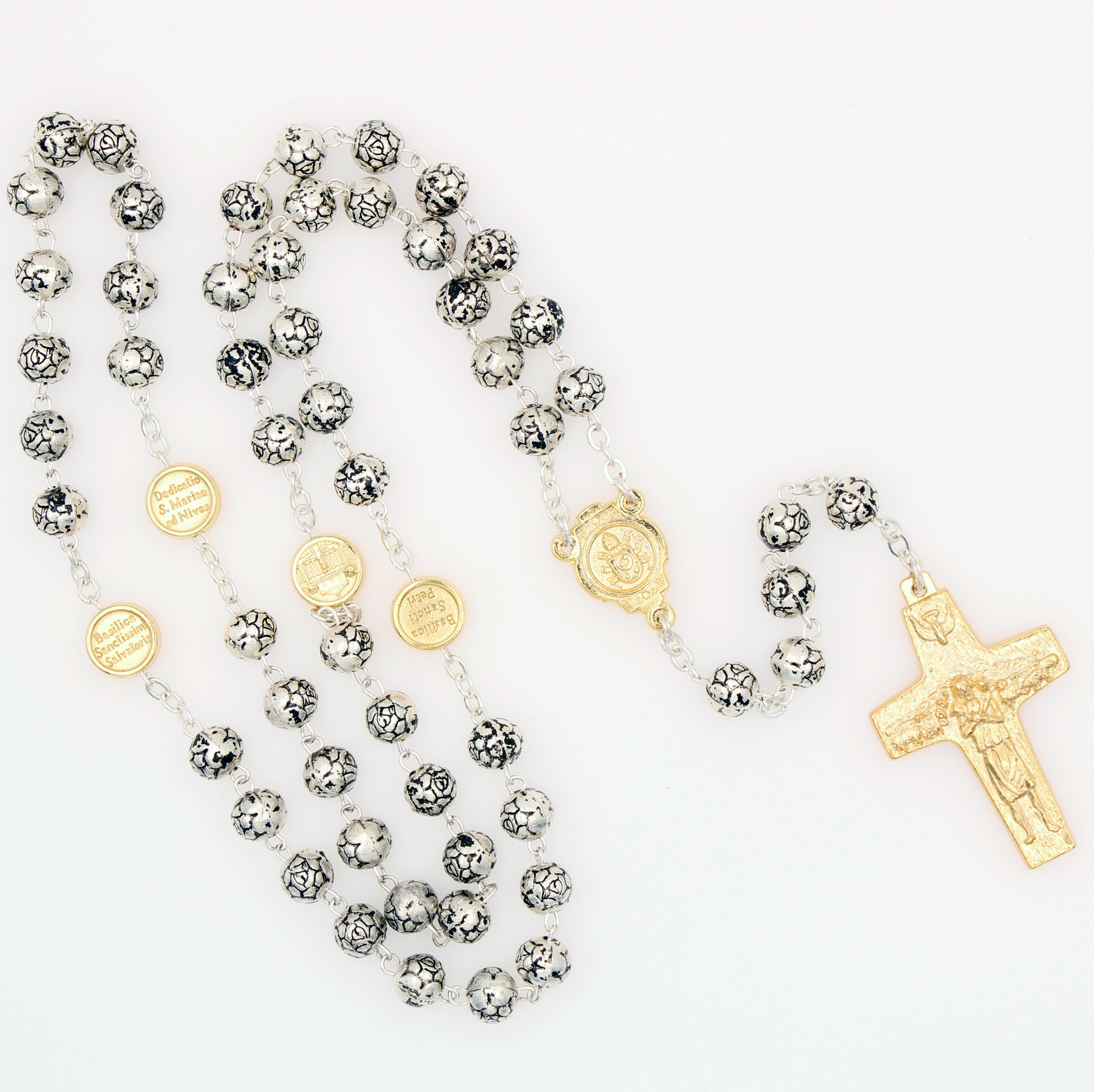 6mm Silver/Gold Tone Rose Petal Bead Rosary with Pope Francis Cross