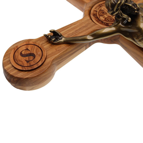 St. Benedict Olive Wood Wall Cross with Bronze Corpus