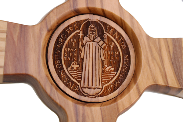 St. Benedict Olive Wood Wall Cross with Bronze Corpus