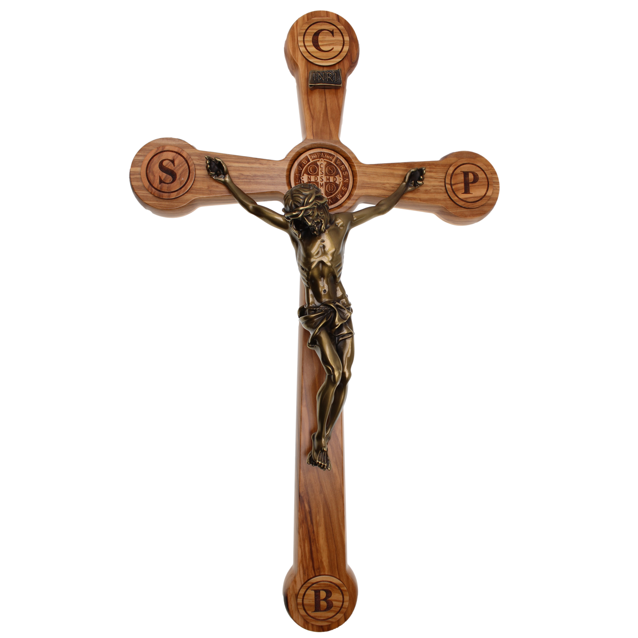 St. Benedict Olive Wood Wall Cross with Bronze Corpus
