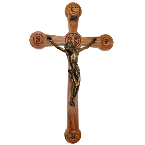 St. Benedict Olive Wood Wall Cross with Bronze Corpus
