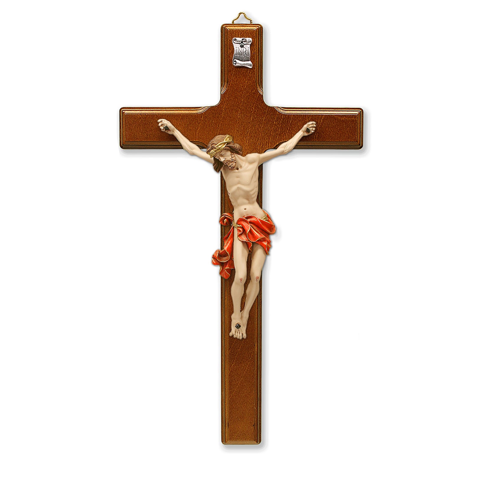 Coffee Brown- Wood Wall Cross with Red Painted Corpus