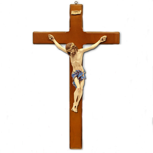 Cherry Stained- Wood Wall Cross with Blue Painted Corpus