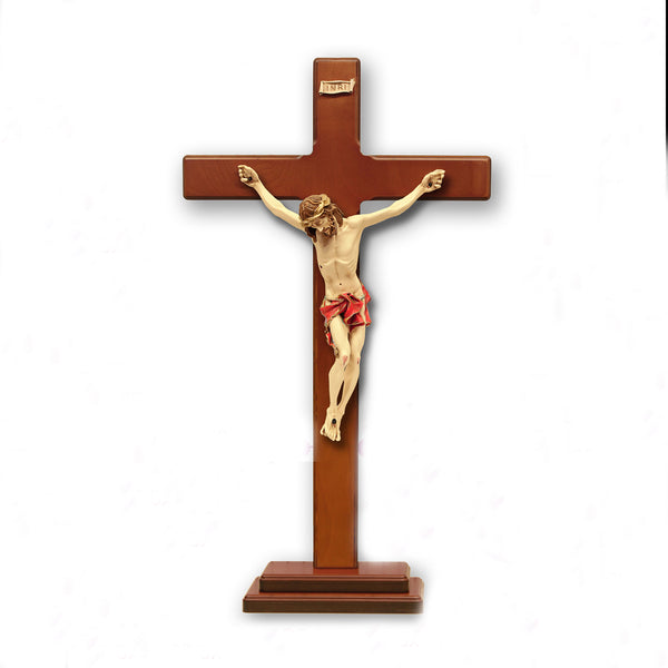 Cherry Stained- Wood Cross with Red Painted Corpus on Base