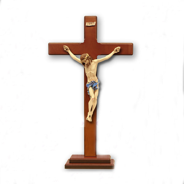 Cherry Stained- Wood Cross with Blue Painted Corpus on Base