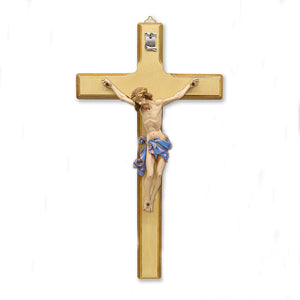 Light- Wood Wall Cross with Blue Painted Corpus