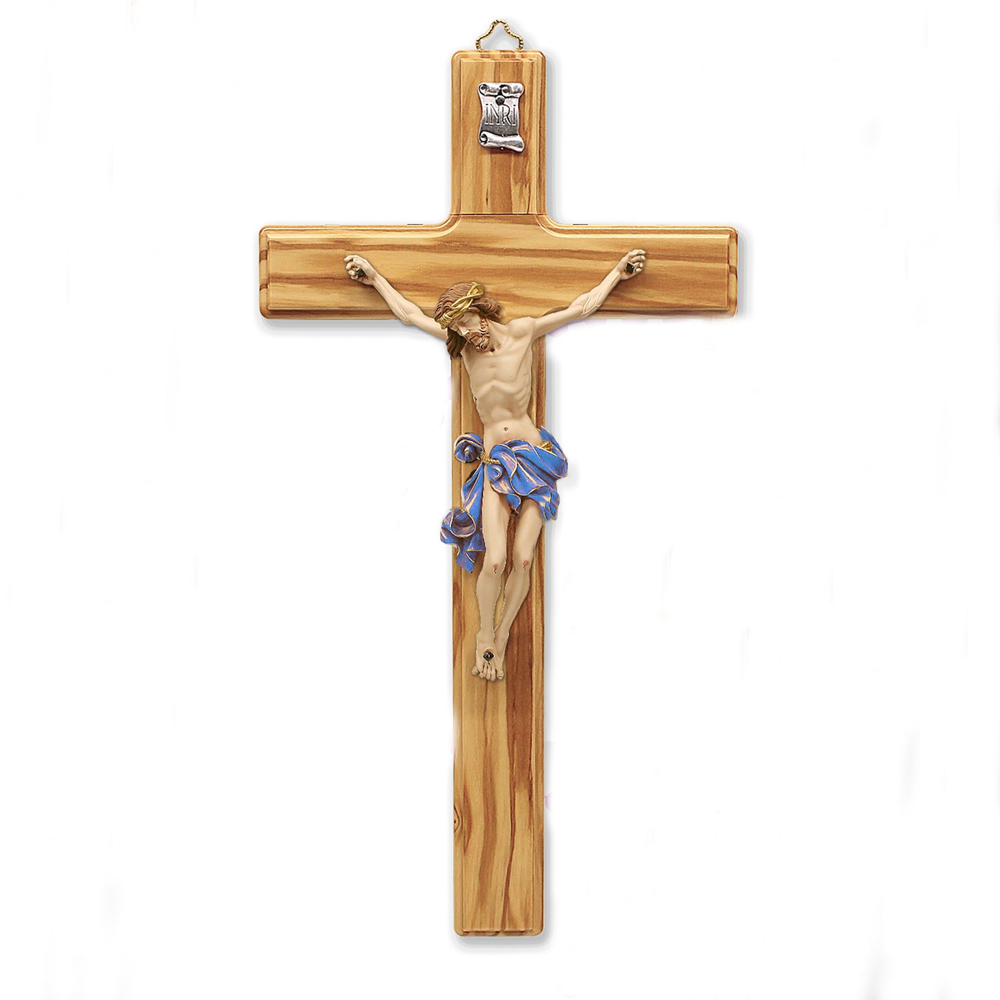 Olive- Wood Wall Cross with Blue Painted Corpus