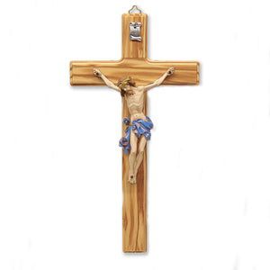 Olive- Wood Wall Cross with Blue Painted Corpus