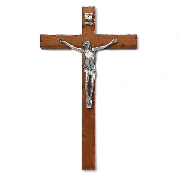 Textured Cherry Stained- Wood Wall Cross with Silver Tone Corpus