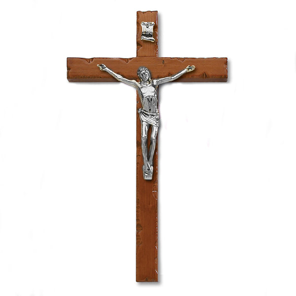 Textured Cherry Stained- Wood Wall Cross with Silver Tone Corpus