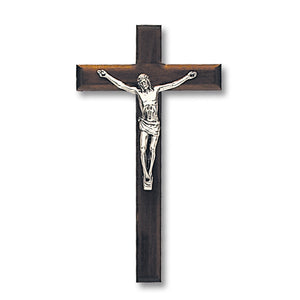 Dark- Wood Wall Cross with Silver Tone Corpus