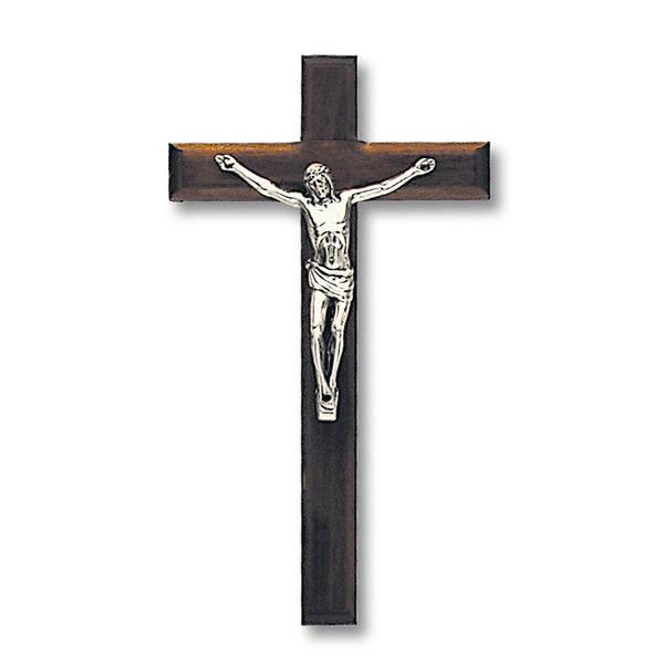 Dark- Wood Wall Cross with Silver Tone Corpus