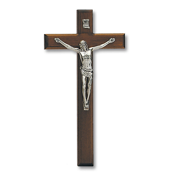 Dark- Wood Wall Cross with Silver Tone Corpus