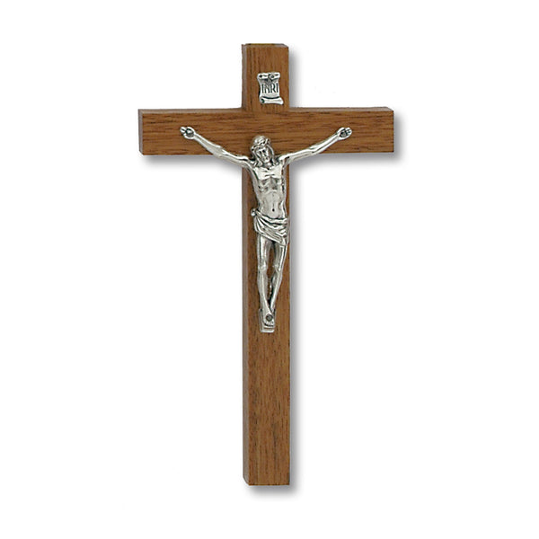 Medium Oak- Wood Wall Cross with Silver Tone Corpus
