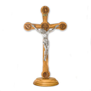 Olive- St. Benedict Wood Cross with Silver Plated Corpus on Base