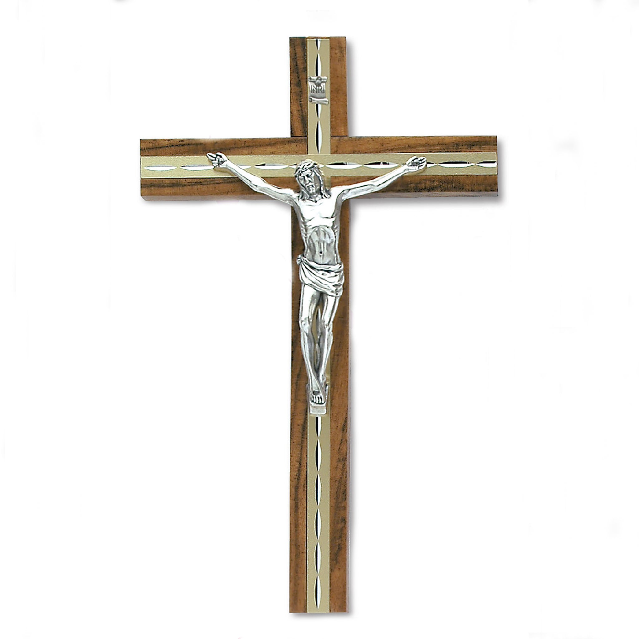 Gold/Medium Oak- Wood Wall Cross with Silver Tone Corpus