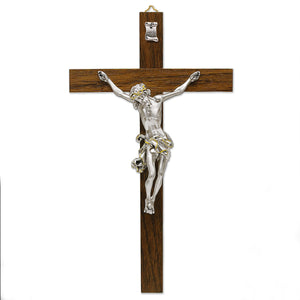 Dark- Wood Wall Cross with Silver Plated Corpus