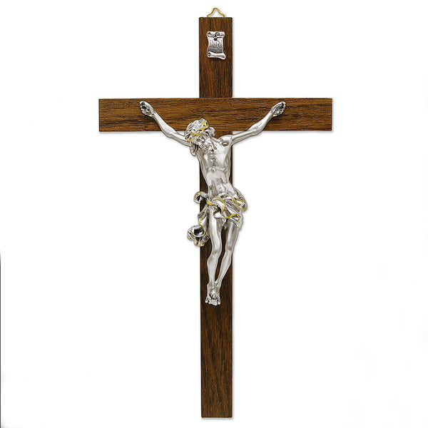 Dark- Wood Wall Cross with Silver Plated Corpus