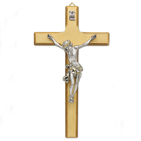 Light- Wood Wall Cross with Silver Plated Corpus
