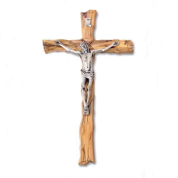 Textured Olive- Wood Wall Cross with Silver Tone Corpus