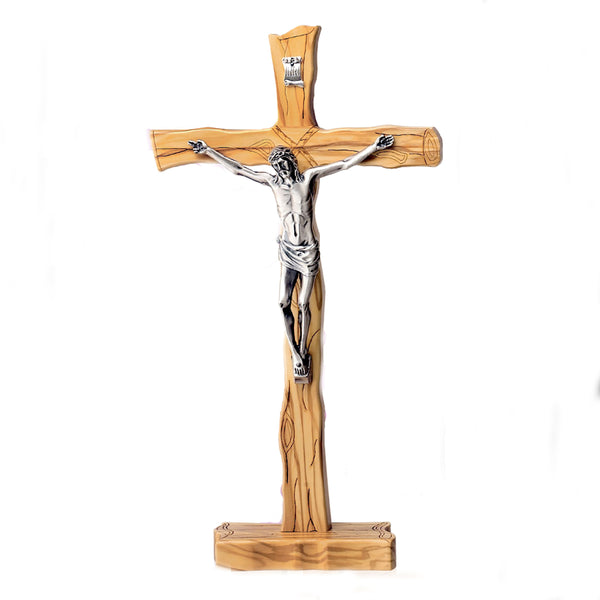 Textured Olive- Wood Wall Cross with Silver Tone Corpus  on Base