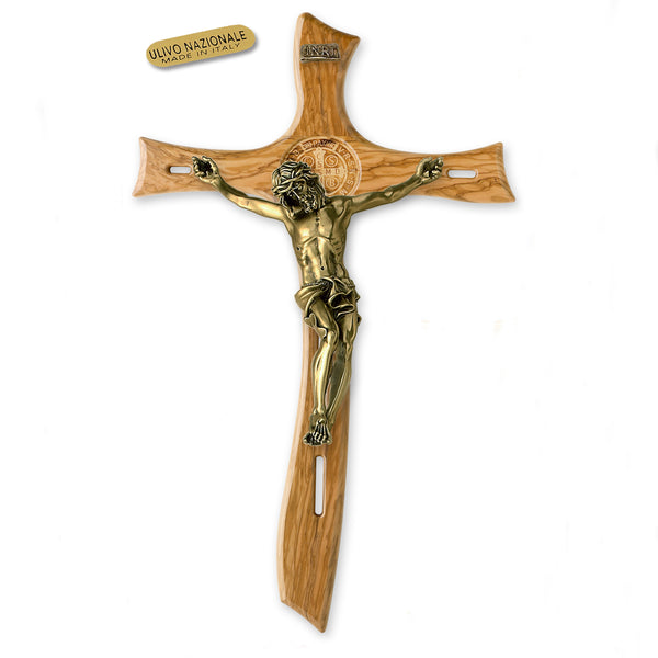 St. Benedict Medal- Large Wood Cross with Antique Gold Tone Corpus