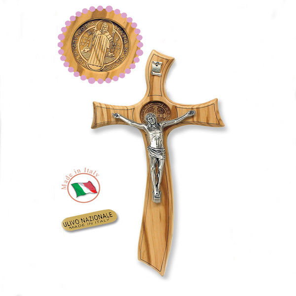 Unique St. Benedict Medal- Olive Wood Cross with Silver Plated Corpus