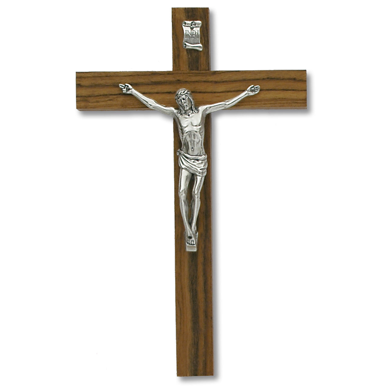 Striated- Wood Wall Cross with Silver Tone Corpus
