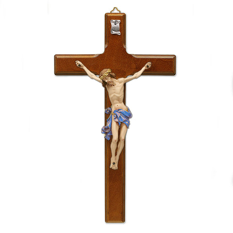 Coffee Brown- Wood Wall Cross with Blue Painted Corpus