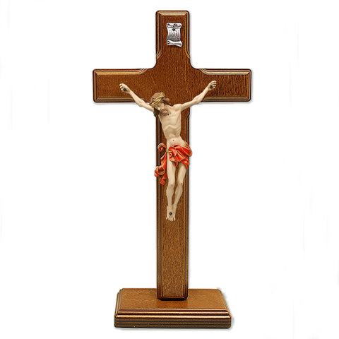 Coffee Brown- Wood Cross with Red Painted Corpus on Base