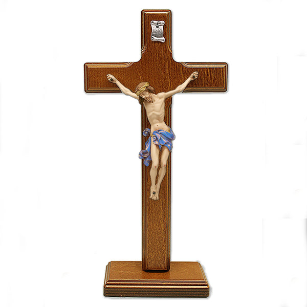 Coffee Brown- Wood Cross with Blue Painted Corpus on Base