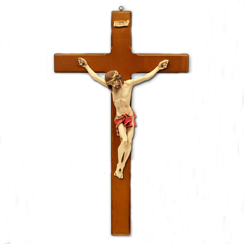 Cherry Stained- Wood Wall Cross with Red Painted Corpus