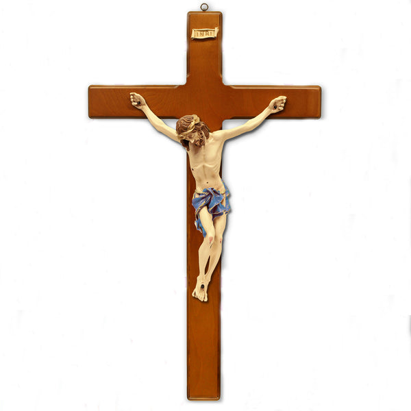 Cherry Stained- Wood Wall Cross with Blue Painted Corpus