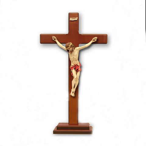 Cherry Stained- Wood Cross with Red Painted Corpus on Base