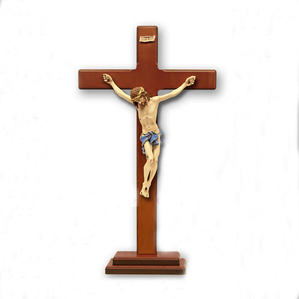 Cherry Stained- Wood Cross with Blue Painted Corpus on Base