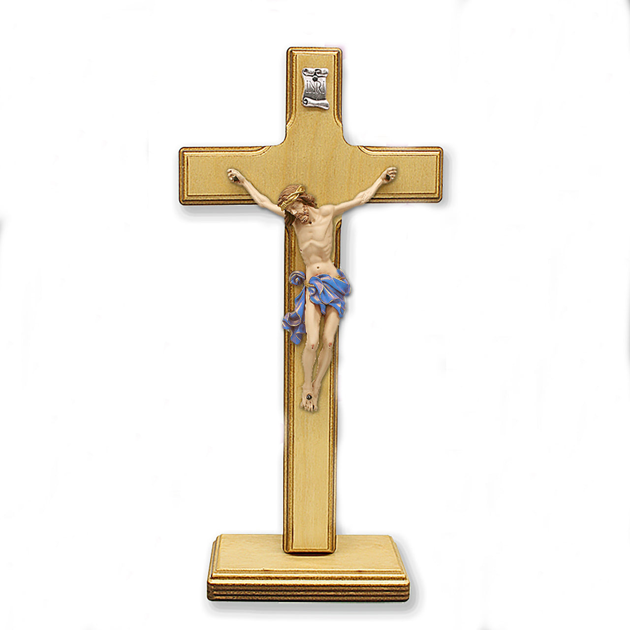 Light- Wood Cross with Blue Painted Corpus on Base