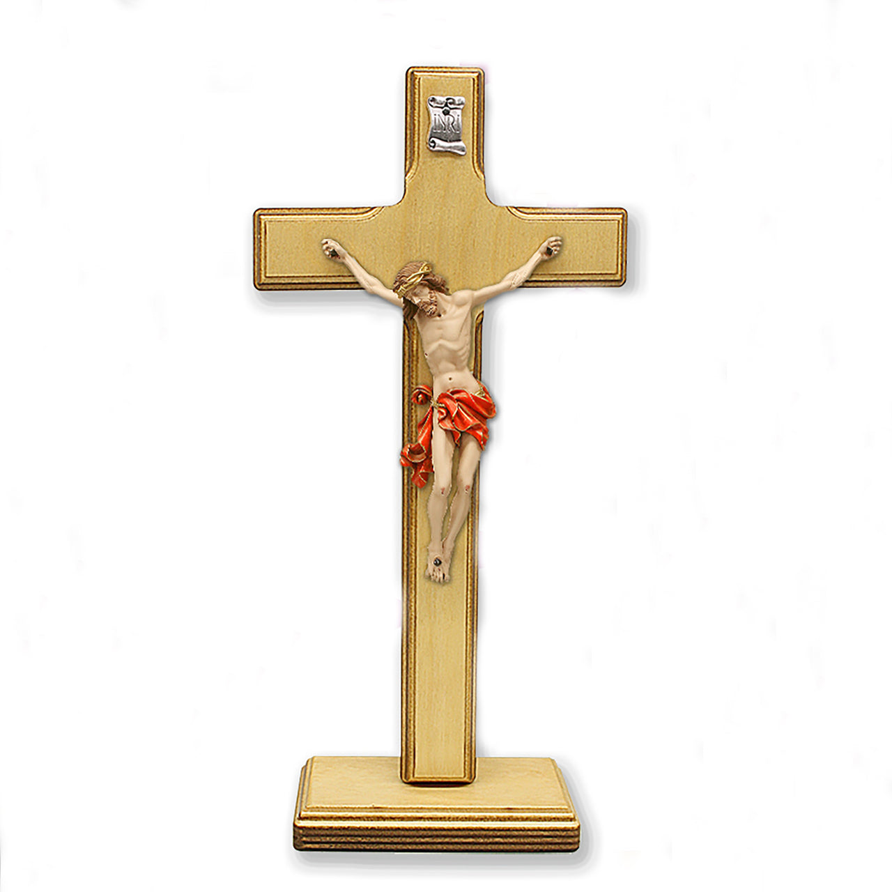 Light- Wood Cross with Red Painted Corpus on Base
