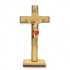 Light- Wood Cross with Red Painted Corpus on Base