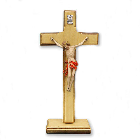 Light- Wood Cross with Red Painted Corpus on Base