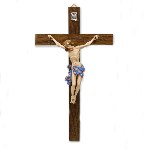 Dark- Wood Wall Cross with Blue Painted Corpus