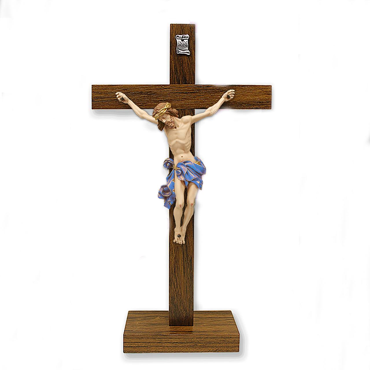 Dark- Wood Cross with Blue Painted Corpus on Base