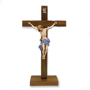 Dark- Wood Cross with Blue Painted Corpus on Base
