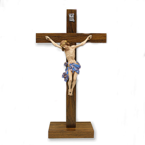 Dark- Wood Cross with Blue Painted Corpus on Base