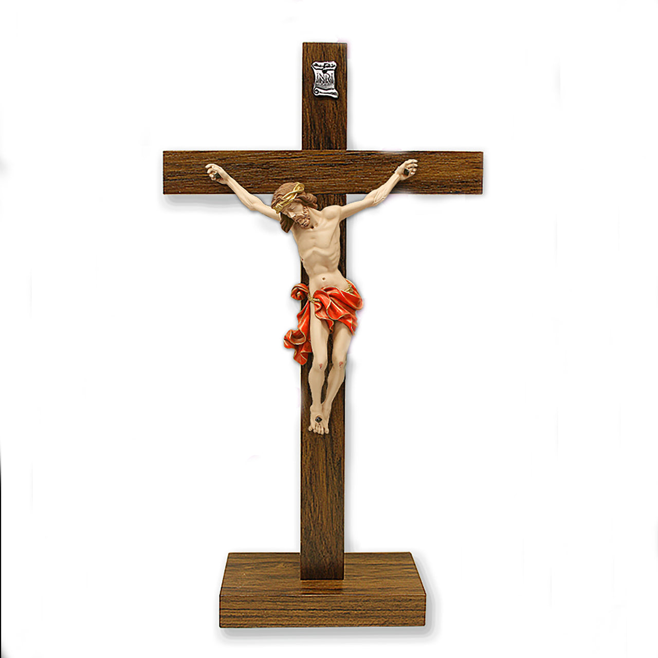 Dark- Wood Cross with Red Painted Corpus on Base