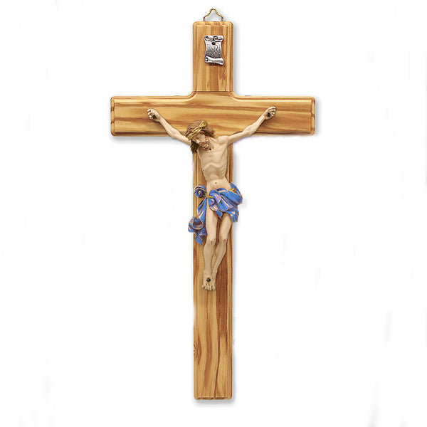 Olive- Wood Wall Cross with Blue Painted Corpus