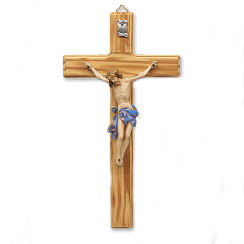 Olive- Wood Wall Cross with Blue Painted Corpus