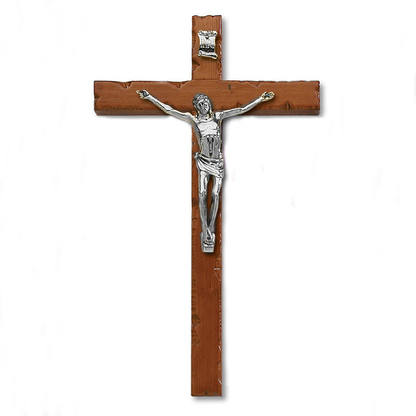 Textured Cherry Stained- Wood Wall Cross with Silver Tone Corpus