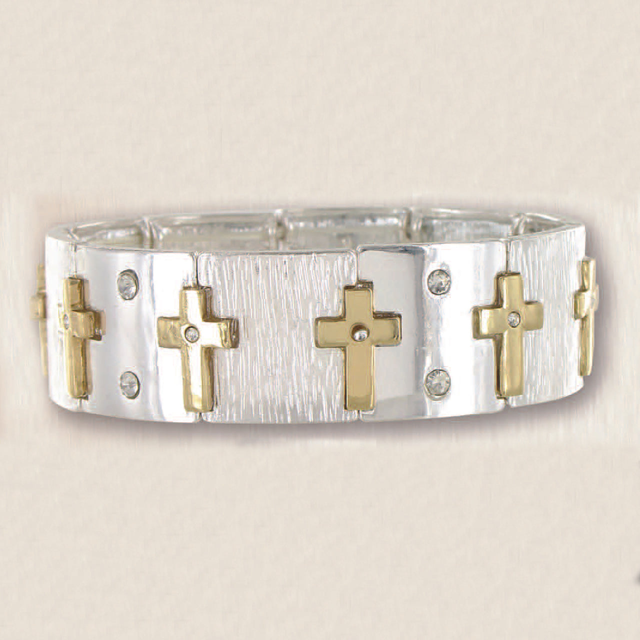 Silver with Gold Crosses Stretch Bracelet