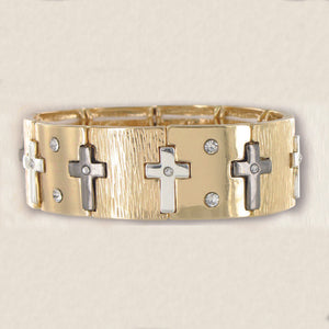 Gold with Silver Crosses Stretch Bracelet